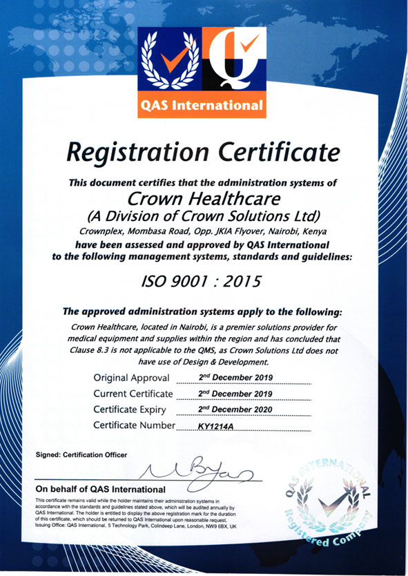ISO Certificate 2015 Crown Healthcare